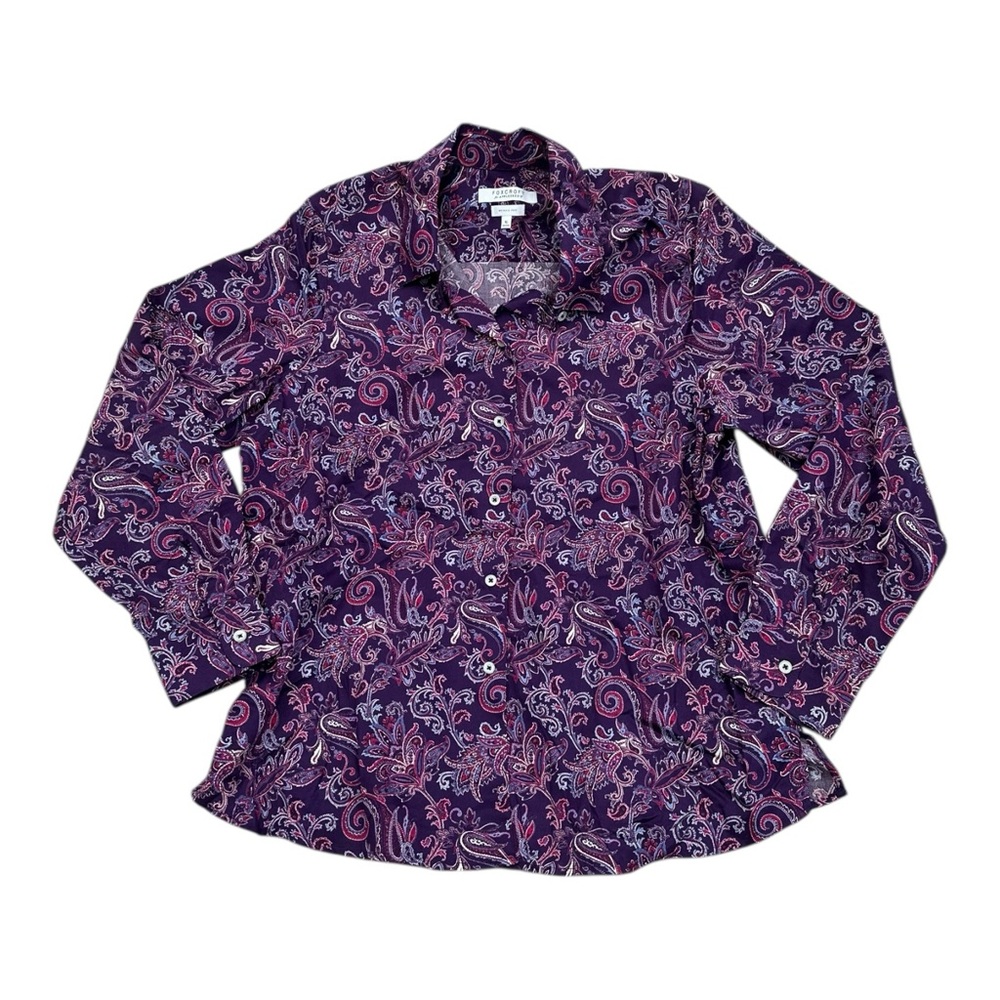Foxcroft for Appleseed’s Purple Paisley Button-Down Shirt Shaped Womens Size 16